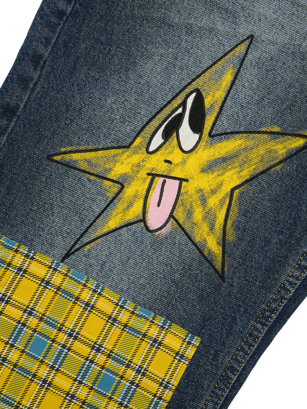 Blue Double‑Waist Graffiti Plaid Denim Jeans