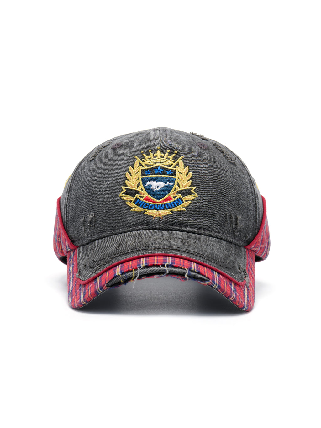 Double Layer Plaid Embroidered Distressed Patch Hat