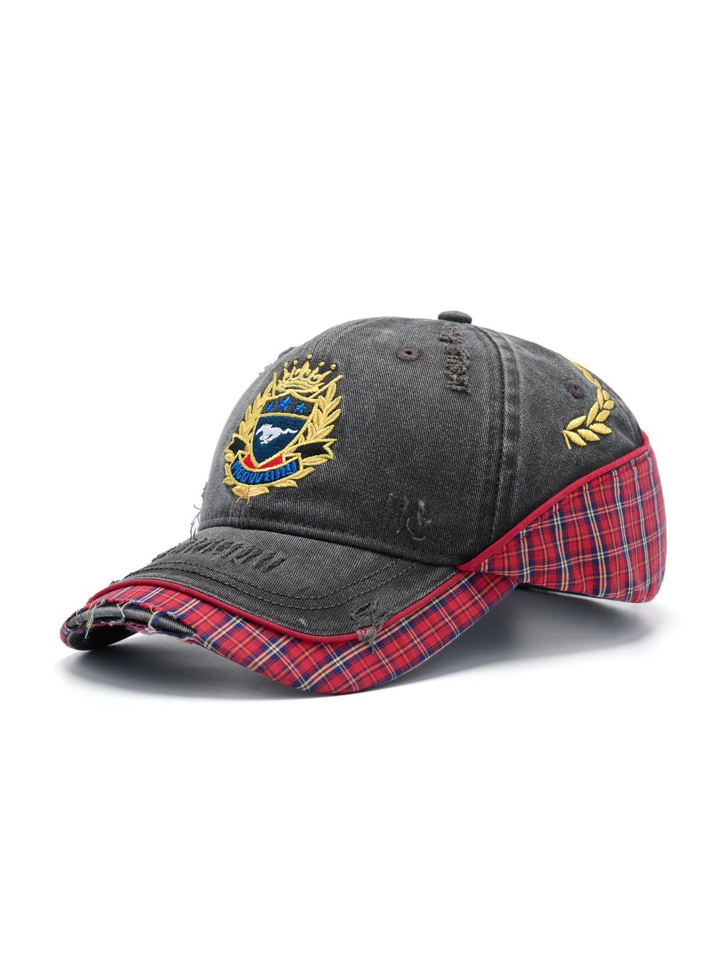 Double Layer Plaid Embroidered Distressed Patch Hat