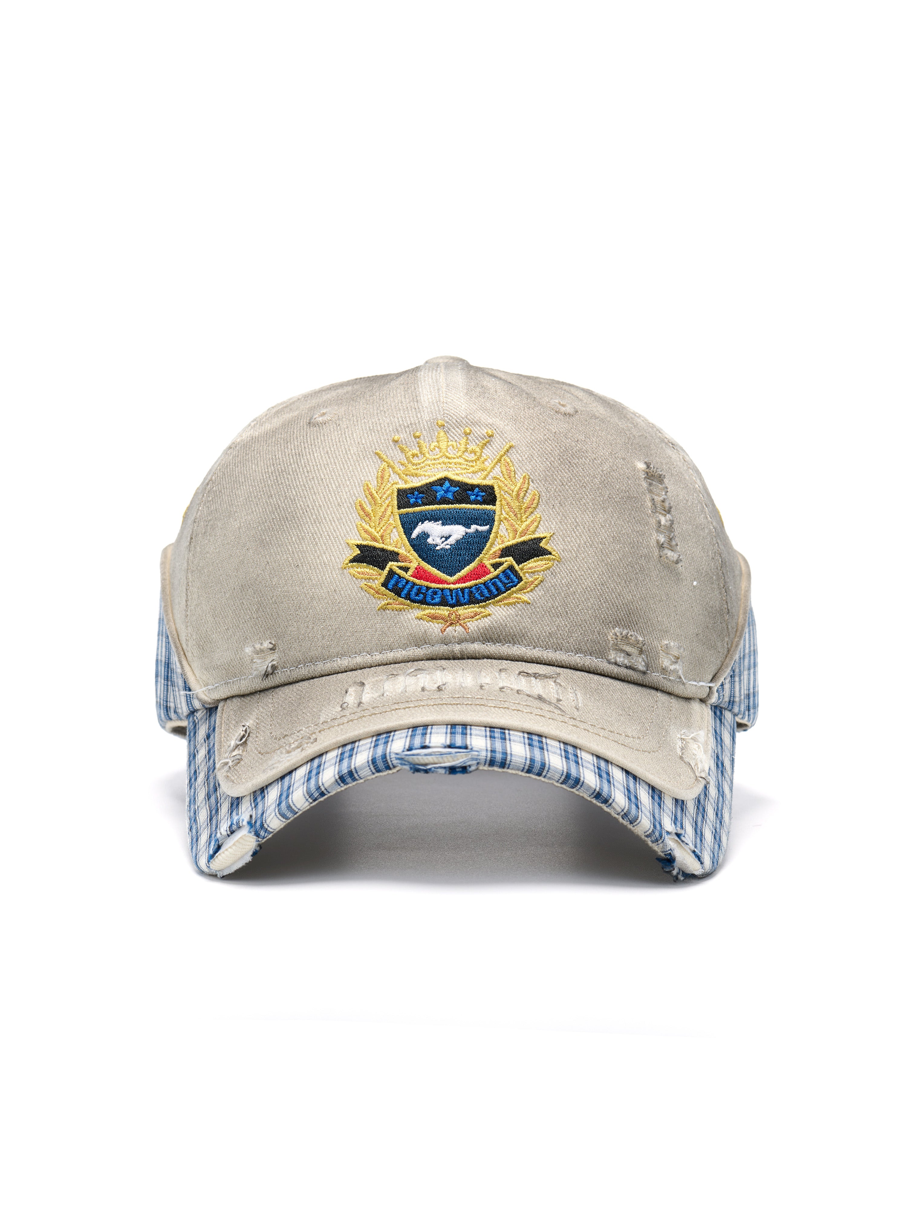 Double Layer Plaid Embroidered Distressed Patch Hat