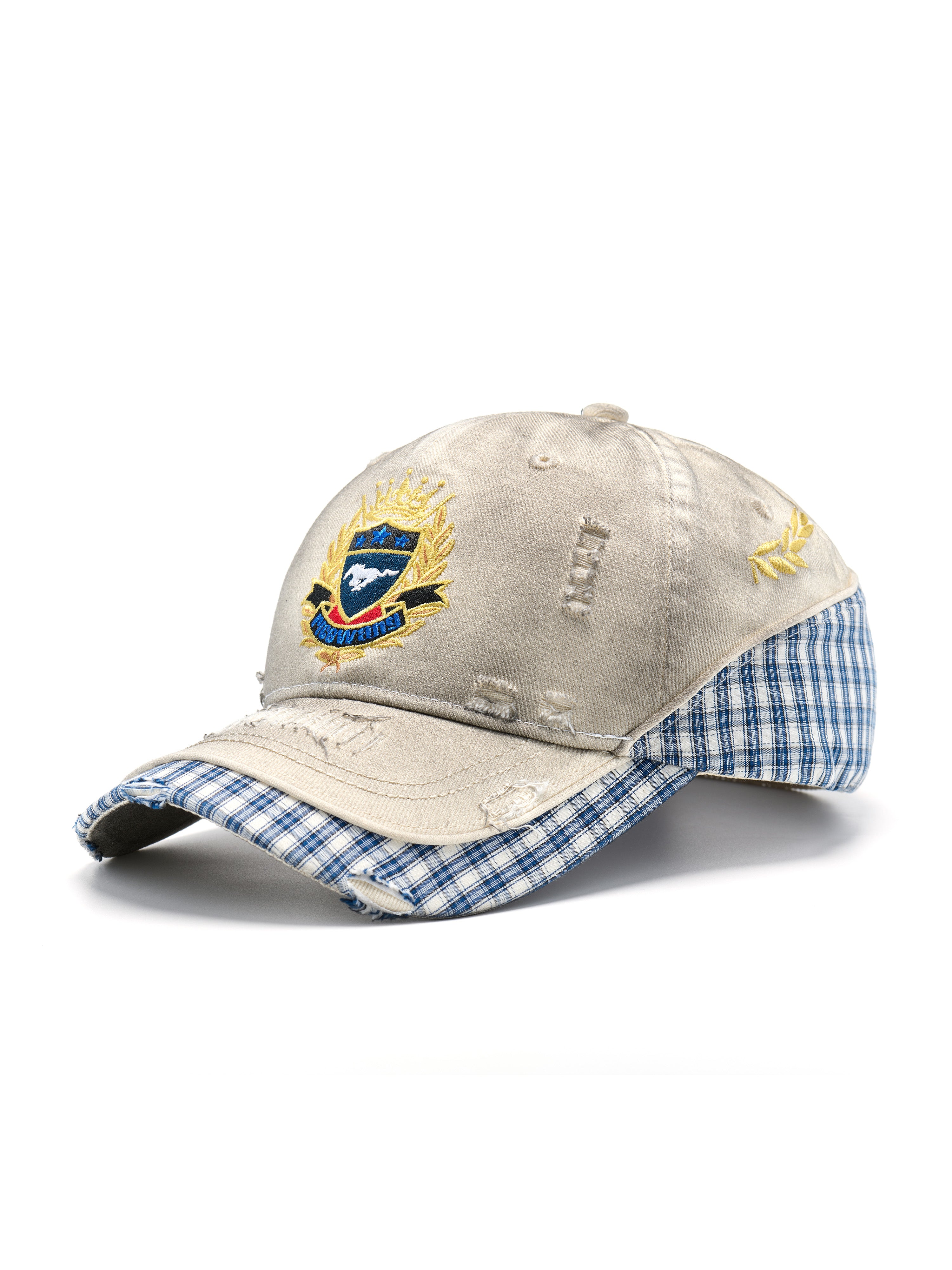 Double Layer Plaid Embroidered Distressed Patch Hat