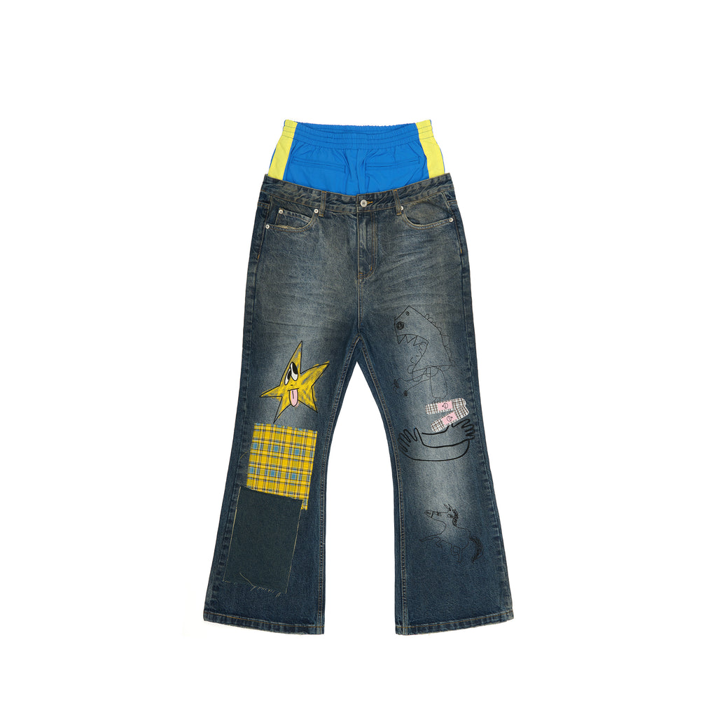Blue Double‑Waist Graffiti Plaid Denim Jeans