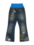 Blue Double‑Waist Graffiti Plaid Denim Jeans