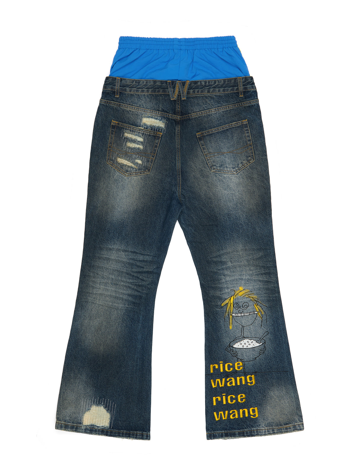 Blue Double‑Waist Graffiti Plaid Denim Jeans